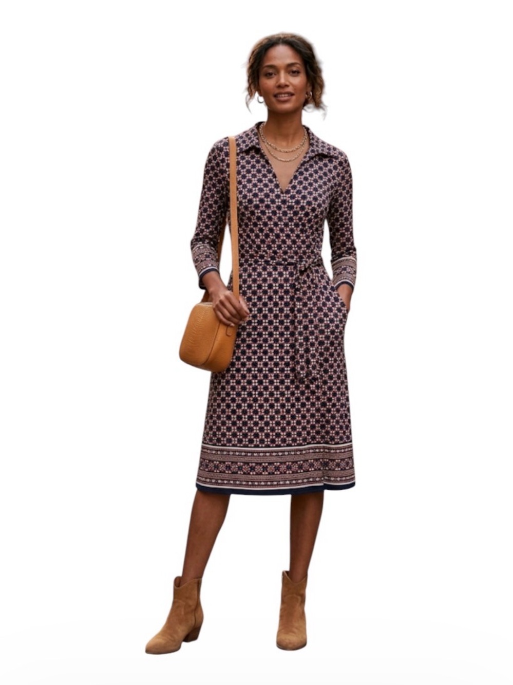 Max Studio Geometric Print Belted Dress Collar Long Sleeve Border Print Large